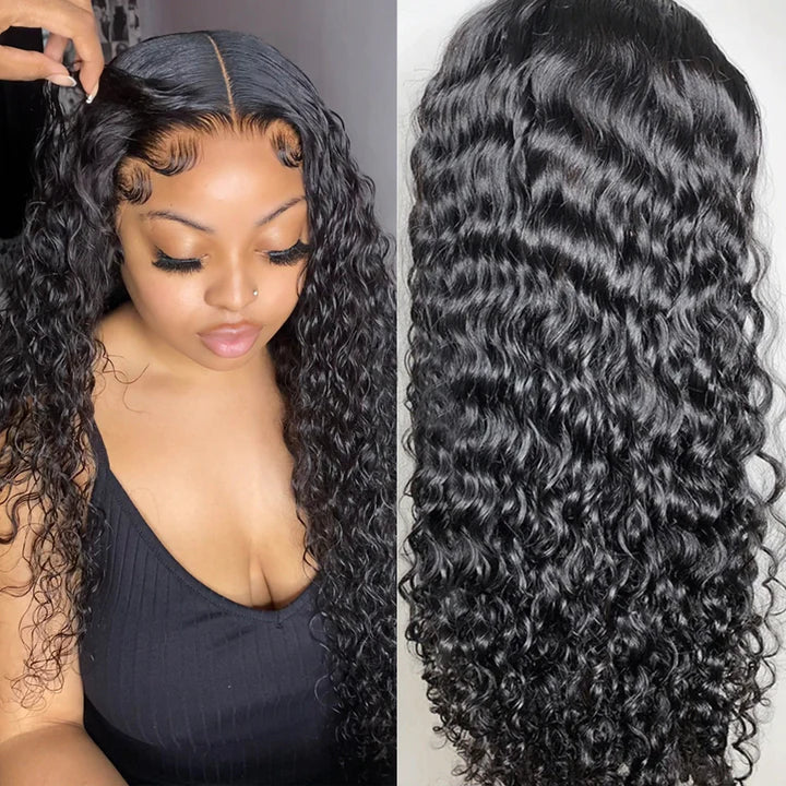 Water Wave 13x6 Lace Frontal Wig Pre Plucked Free Part Natural Black Human Hair Wig