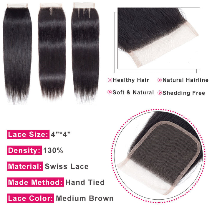 Straight Human Hair Closure 4*4 Lace Closure Natural Color bling hair - Bling Hair