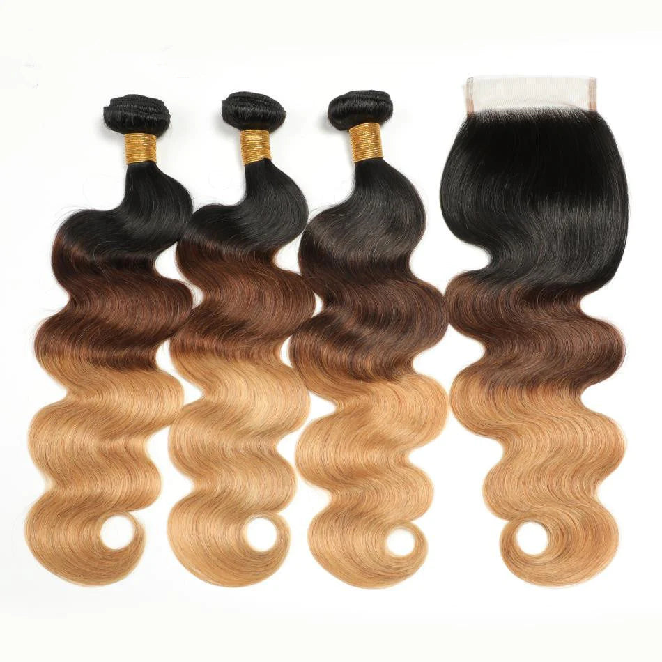 1B/4/27 Ombre Body Wave 3 Bundles With 4×4 Closure 100% Virgin Hair