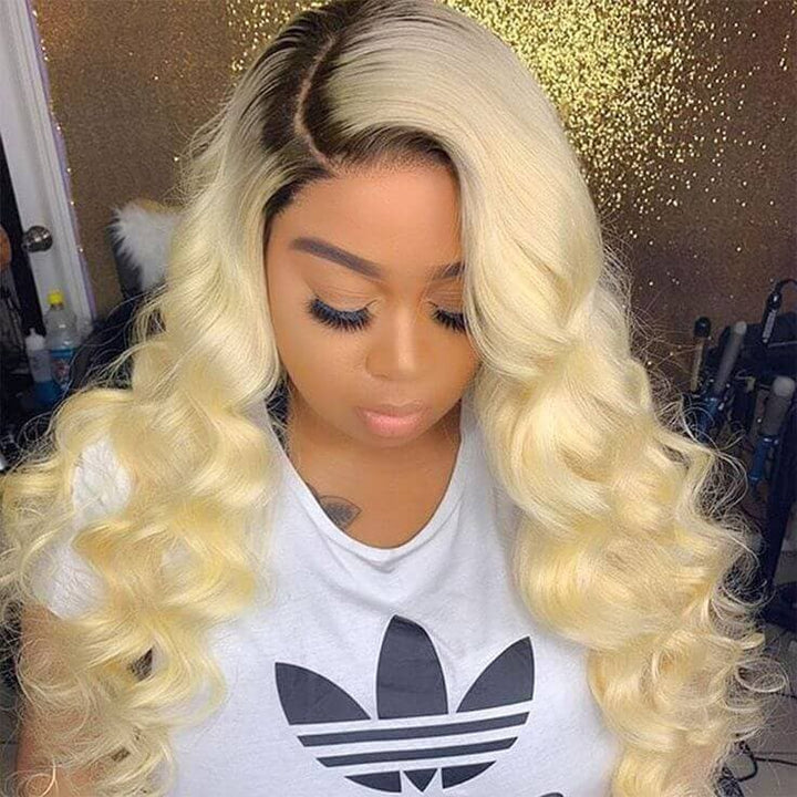 Body Wave Dark Roots Blonde 13x4 Lace Front Human Hair Wig 1B613 Color