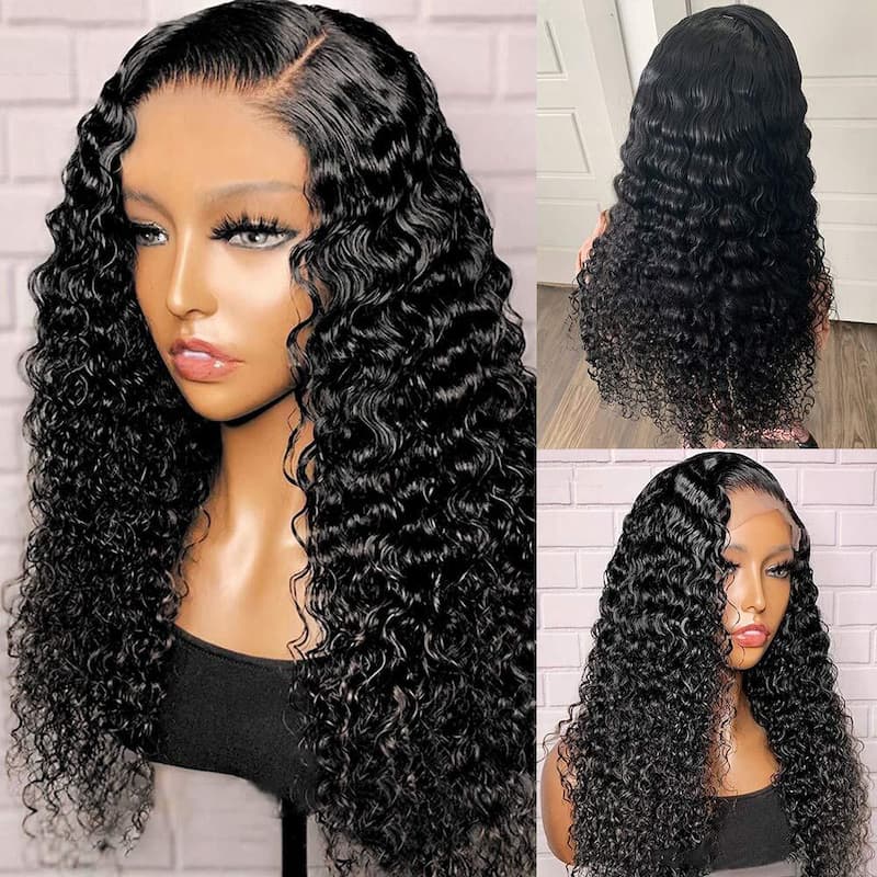 Super Sale $74=16 Inch Deep Wave 4X4 Lace Closure Wig Glueless Human Hair Wig