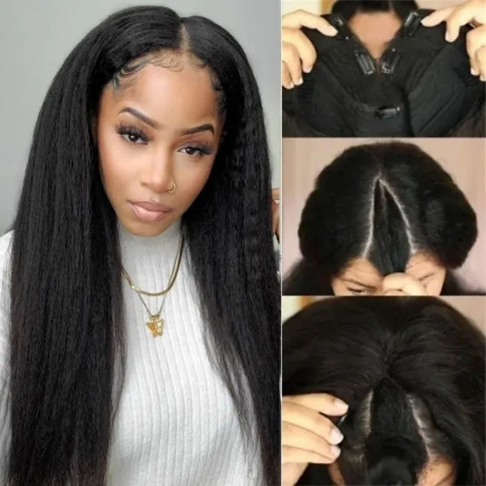 Thin V Part Wigs Glueless Kinky Straight Human Hair V Part Wig No Leave Out