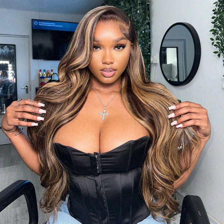 32Inch Balayage Highlight Honey Blonde Body Wave Lace Front Wig 13x4 Colored Human Hair Wigs