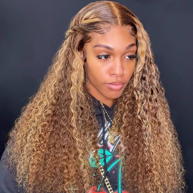 Bling Hair Honey Blonde Highlight Pre Plucked 13x4  / 4x4 Lace Wigs Ombre Color Long Curly Human Hair Wigs