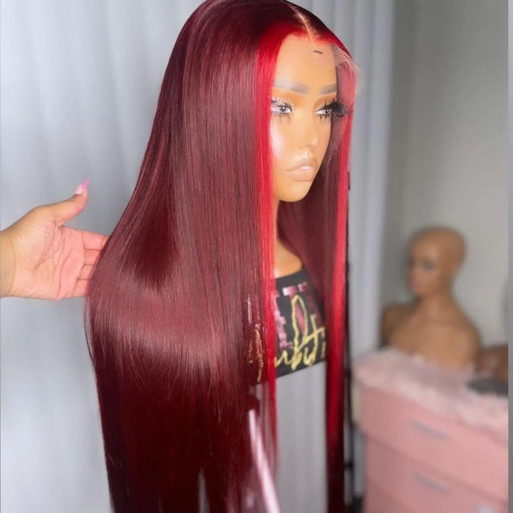 Highlights 99J Straight With Pink Lace Closure Wigs Ombre Burgundy Red Colored Lace Closure Wig With Baby Hair