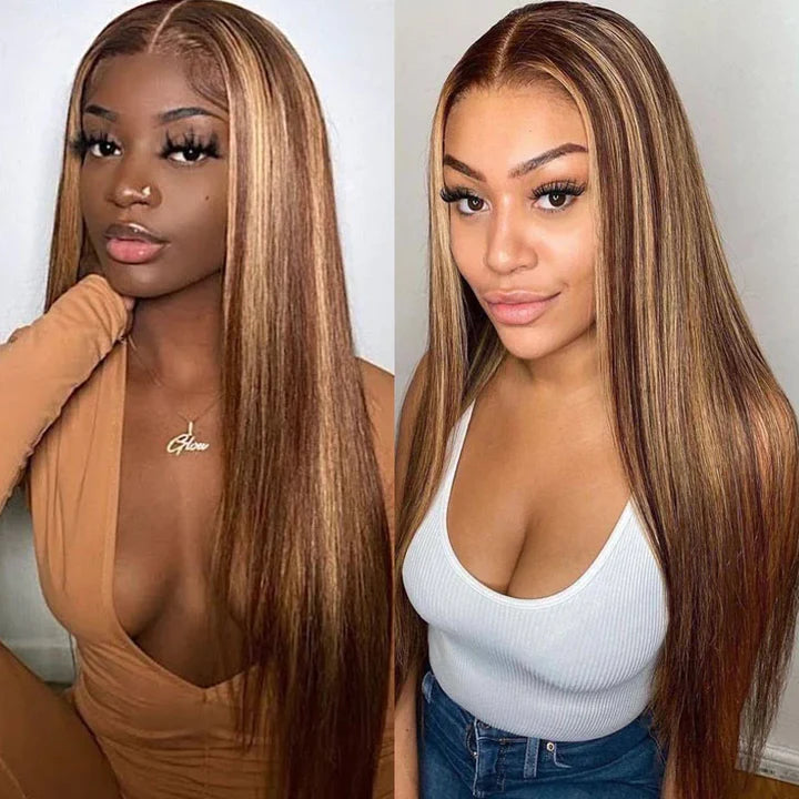 straight 13x4 HD Lace Front Body Wave Wig Honey Blonde Piano Highlights Transparent Human Hair Wigs 250% Density Free Part