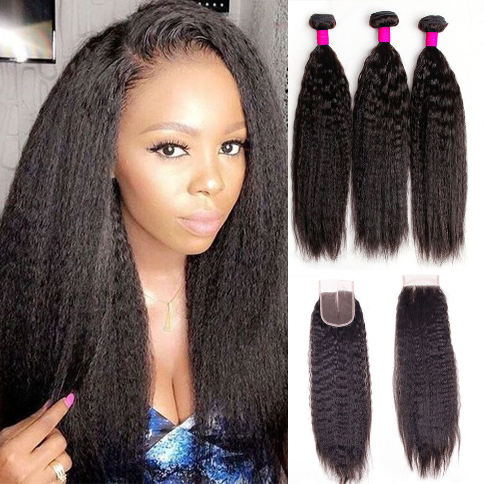 Indian Kinky Straight Bundles With 4×4 Closure 10A Grade 100% Human Remy Hair Bling Hair - Bling Hair