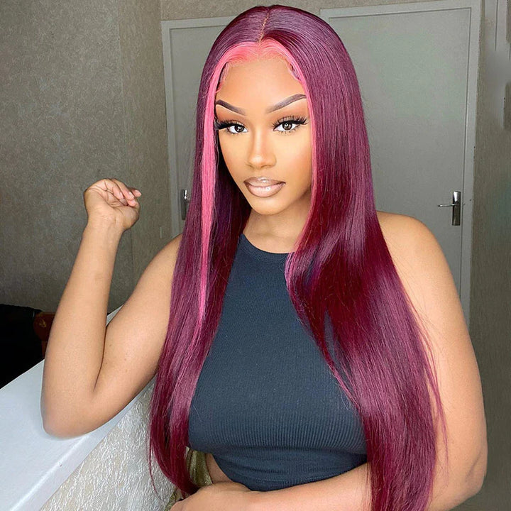 Highlights 99J Straight With Pink Lace Closure Wigs Ombre Burgundy Red Colored Lace Closure Wig With Baby Hair