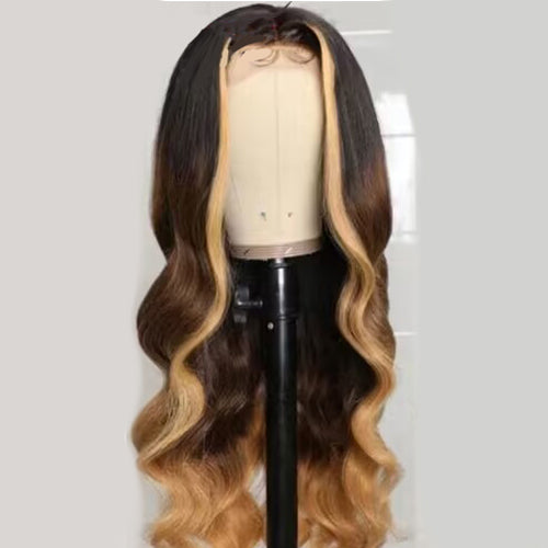 Bling Hair Ombre Honey Brown Highlight Wigs Body Wave Transparent Lace Front Wigs 180% 220% Density