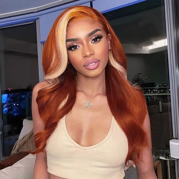 Bling Hair Orange With Brown Highlight Virgin Wigs Body Wave  Transparent Lace Wigs 100% Human Hair