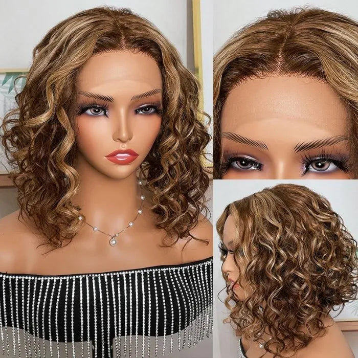 10 Inches Short Wavy Light Brown Lace Part Wig With Highlight And Bouncy Curls  | Special Perks