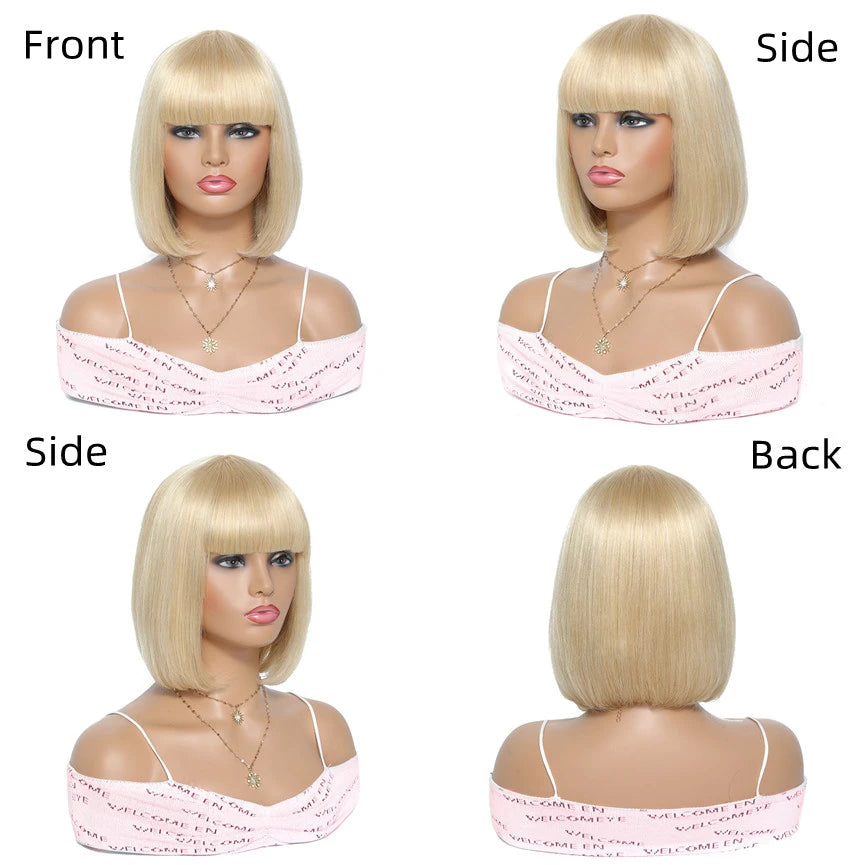 613 Blonde Bob Wig with Bangs Glueless Straight Fringe Wig Human Hair Wig No Lace