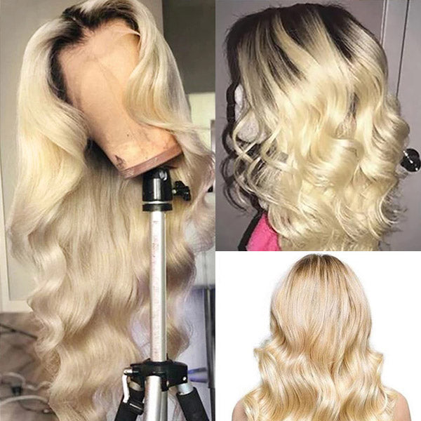 Body Wave Dark Roots Blonde 13x4 Lace Front Human Hair Wig 1B613 Color