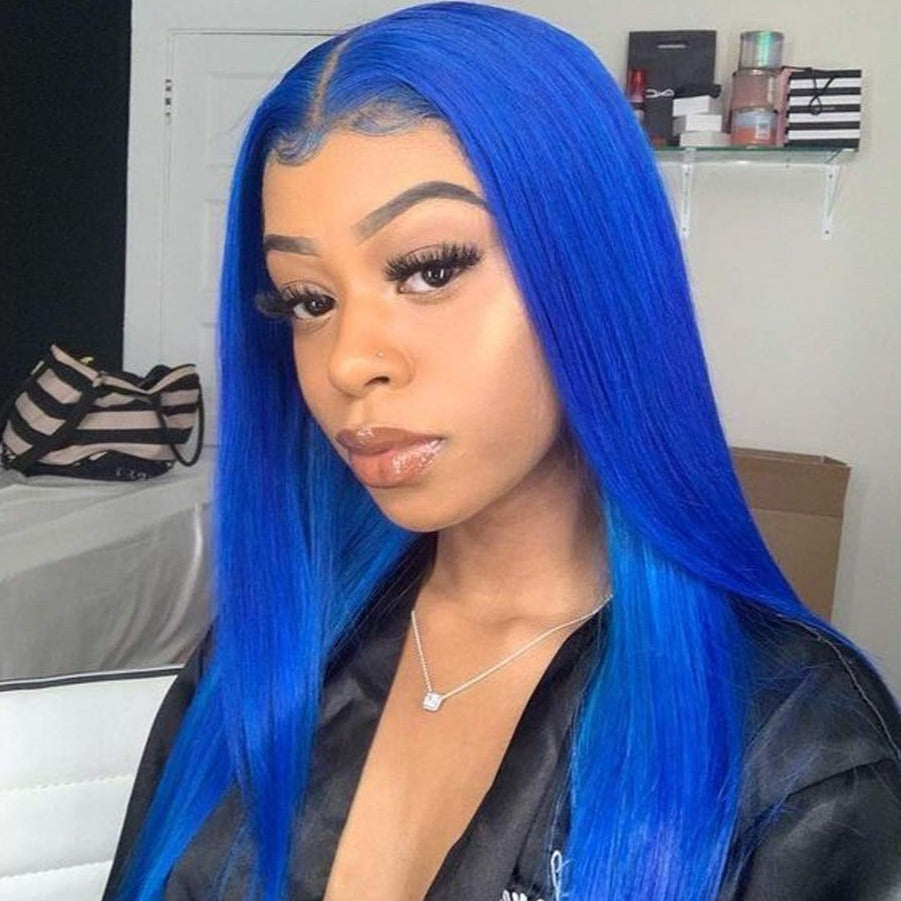 Klein Blue Colore Transparent Lace Straight Wig with Baby Hair Bling Hair