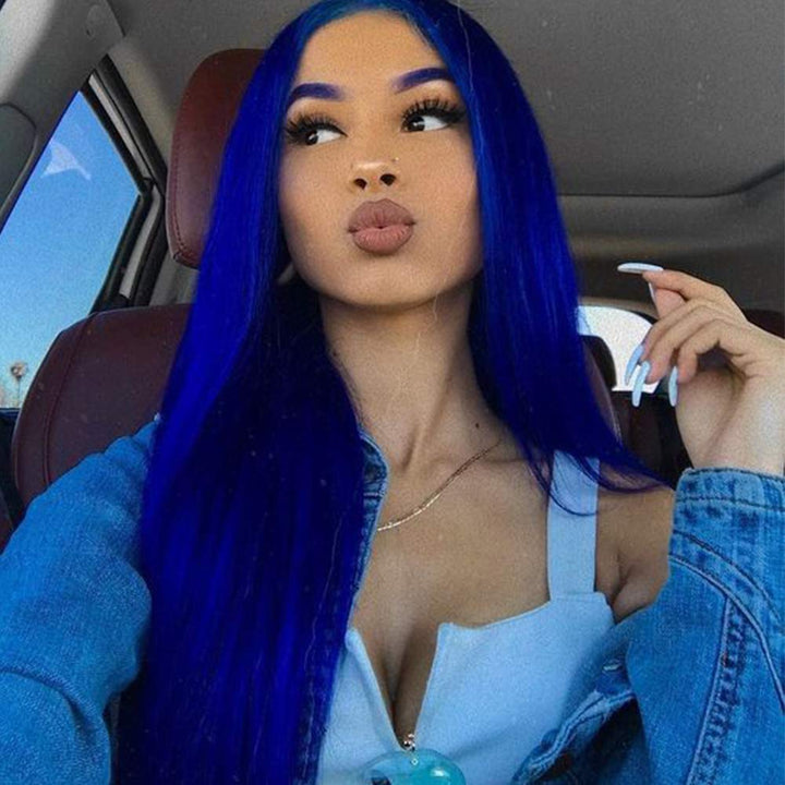 Klein Blue Colore Transparent Lace Straight Wig with Baby Hair Bling Hair
