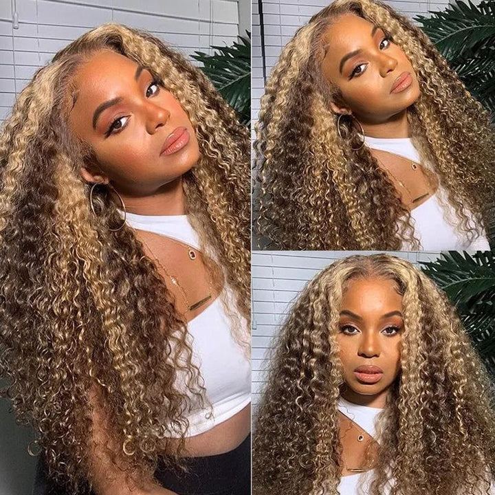 Bling Hair Honey Blonde Highlight Pre Plucked 13x4  / 4x4 Lace Wigs Ombre Color Long Curly Human Hair Wigs