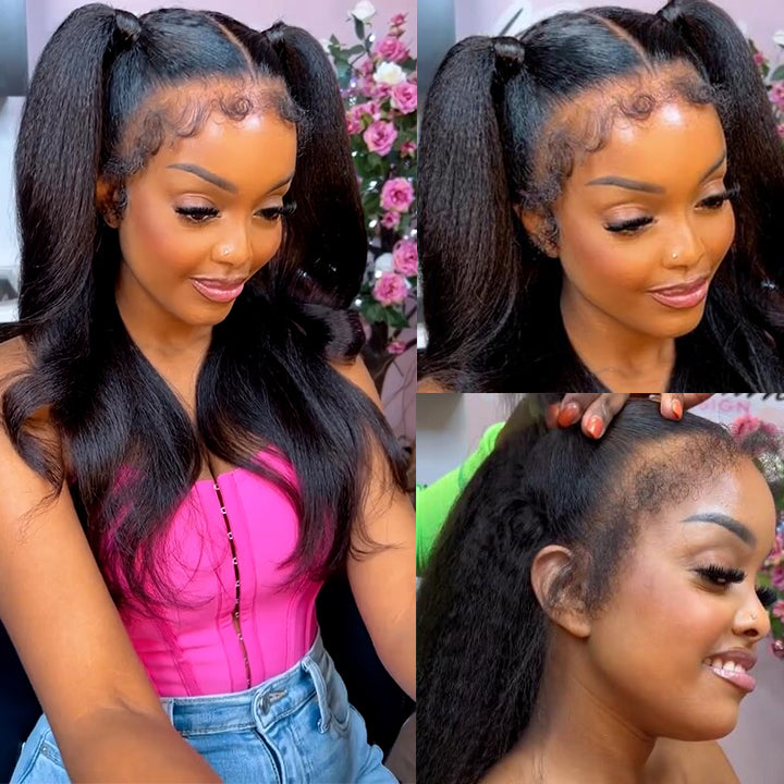 4c Hairline Lace Front Wig Kinky Straight Human Hair Wig With Curly Edge Pre Plucked Lace Front Wigs