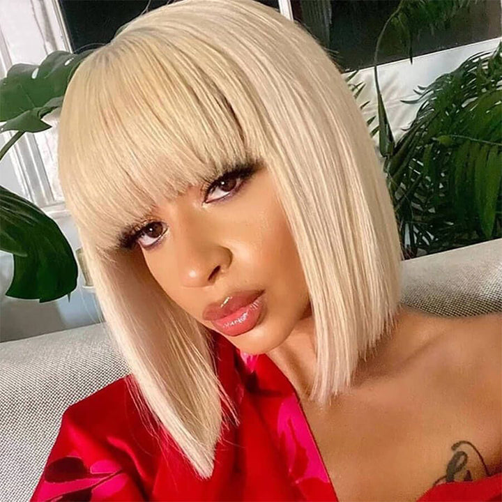 613 Blonde Bob Wig with Bangs Glueless Straight Fringe Wig Human Hair Wig No Lace