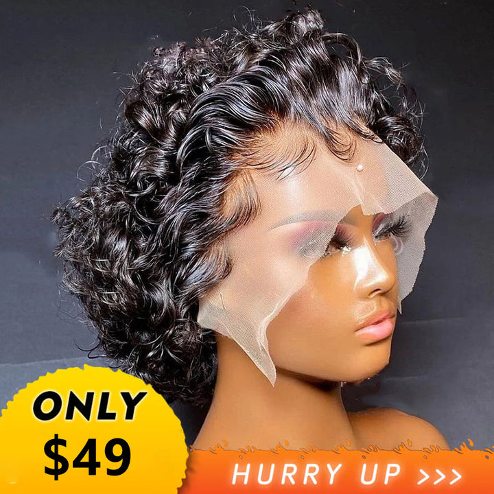 Pixie Cut Wig 99J Color Lace Wig Spring curl Short Bob Human Hair Cheap Wig