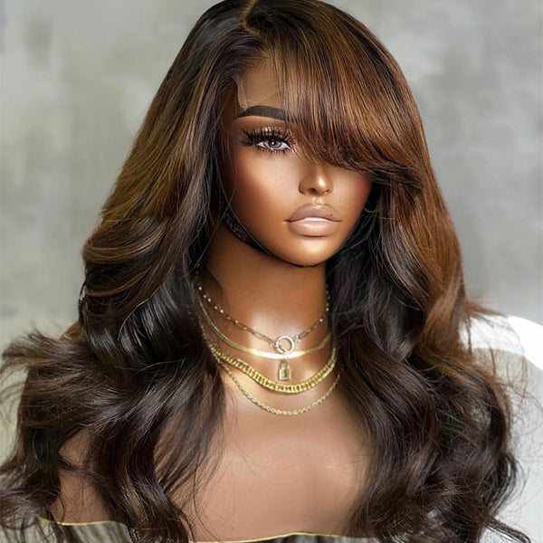New Brown Mix Black Loose Wave 4x4 5x5 Closure Glueless Wig with Bangs