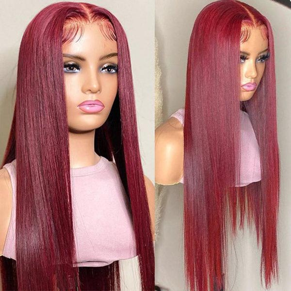 Burgundy Red Color Silky Straight Transparent Lace Front Wigs