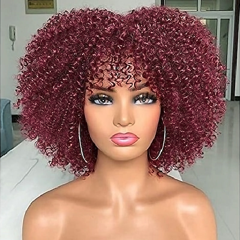 Burgundy 99J Curly Weave Wig with Bangs
