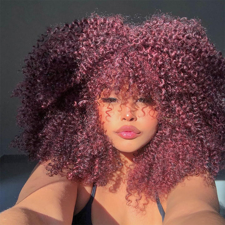 Burgundy 99J Curly Weave Wig with Bangs