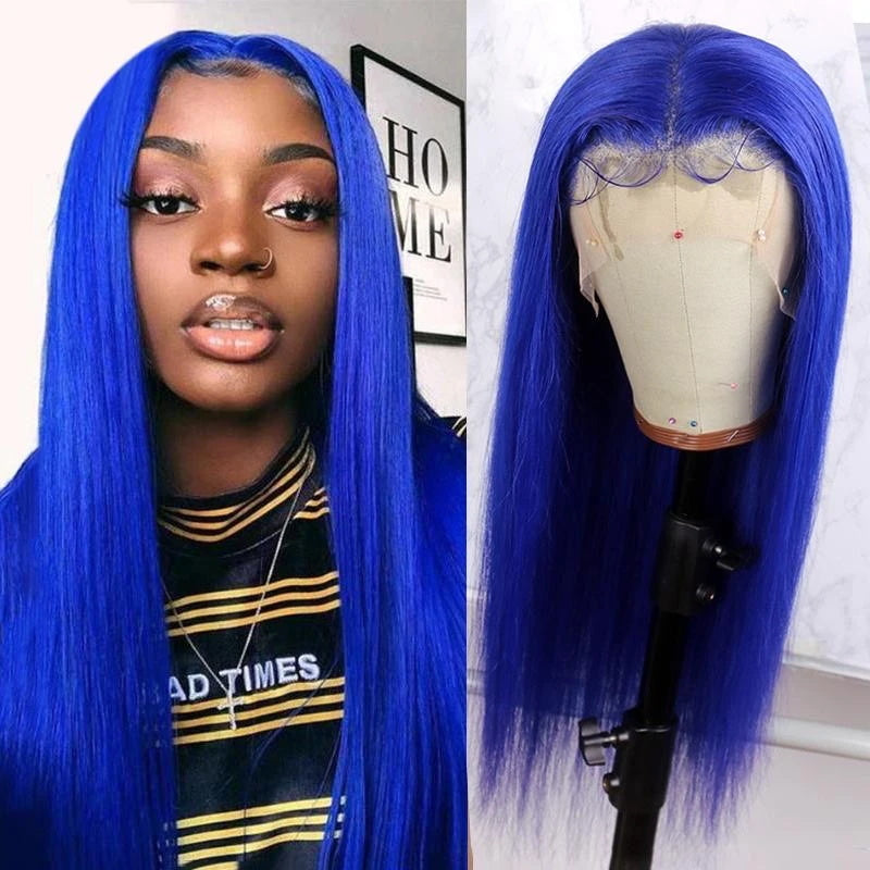 Blue Colored 150% 13*4 Lace Human Hair Wigs Pre Plucked Hairline Brazilian Lace Wig with Baby Hair Remy Bling Hair - Bling Hair