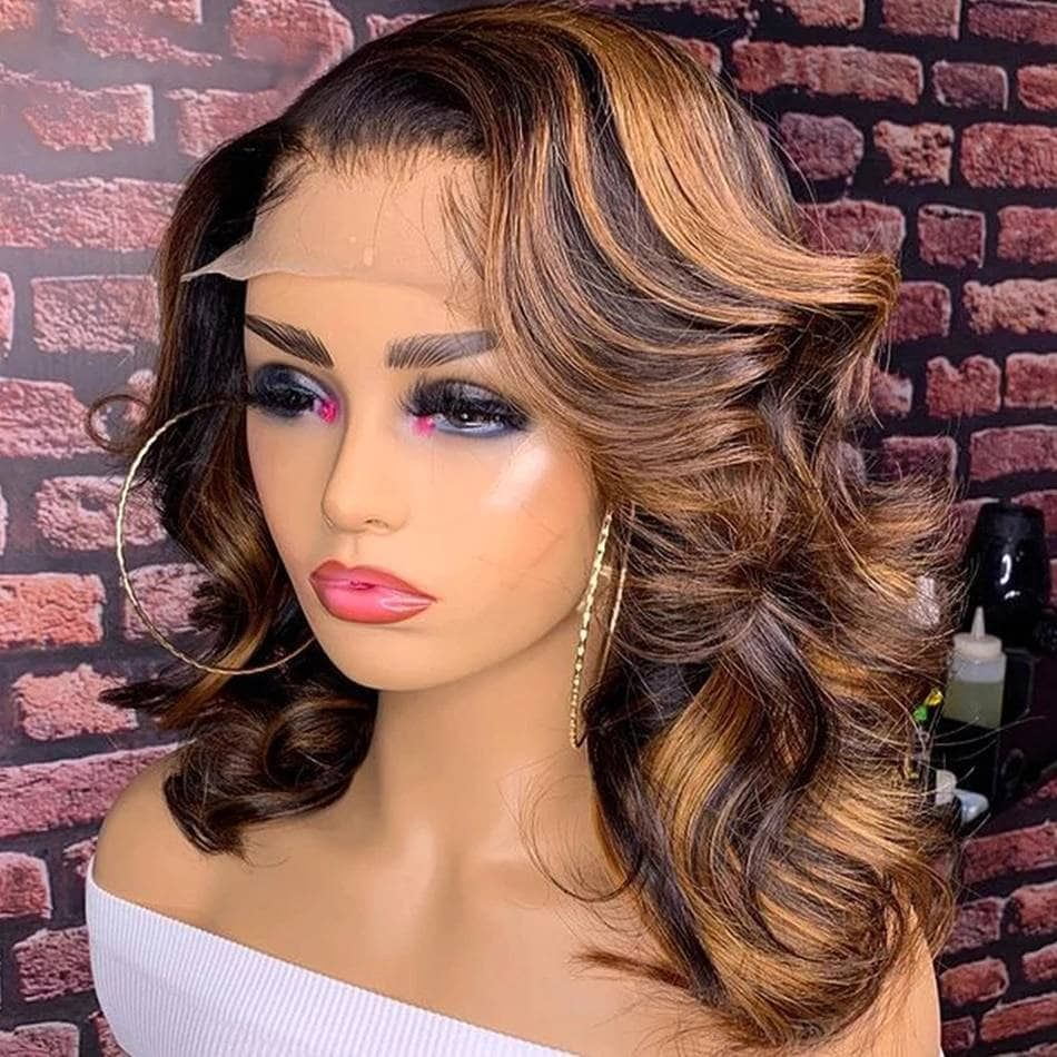 4/27 Brown Highlight Wig Blinghair Human Hair Body Wave Short Bob Transparent Lace Wigs