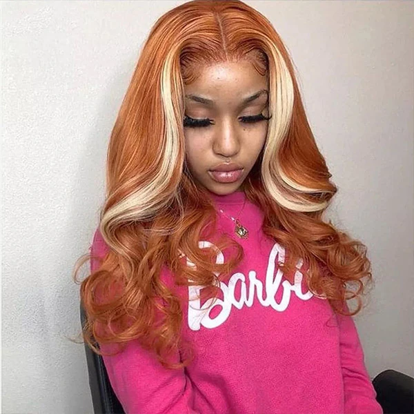 Gorgeous Orange With Brown Highlight Virgin Wigs Body Wave Transparent Lace Wigs 100% Human Hair