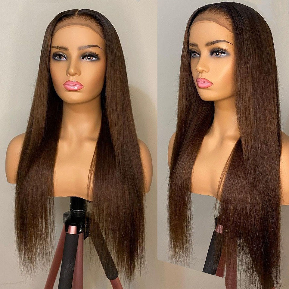 Chocolate Straight Transparent Lace Frontal Wig Pre Plucked With Baby Hair