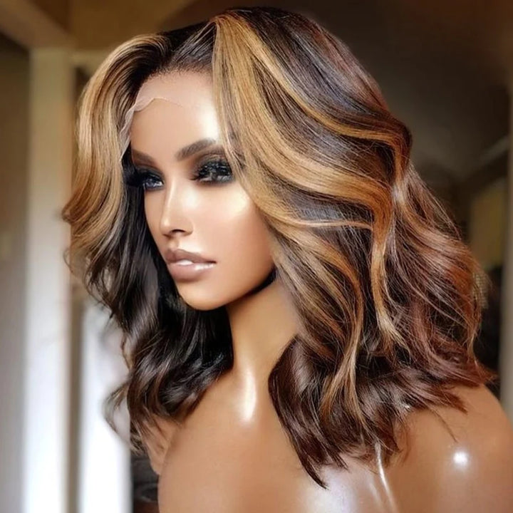 4/27 Brown Highlight Wig Human Hair Body Wave Short Bob Transparent Lace Wigs