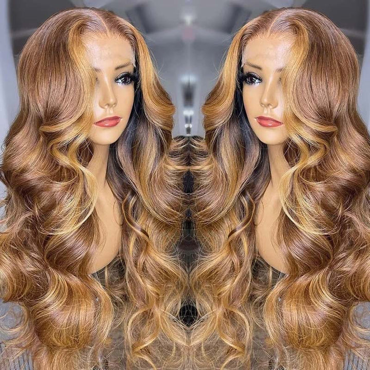 Honey Blonde Mix Brown Highlight Wigs 13x4 / 4x4 Transparent Lace Wigs Body Wave Virgin Hair Pre-Colored Human Hair
