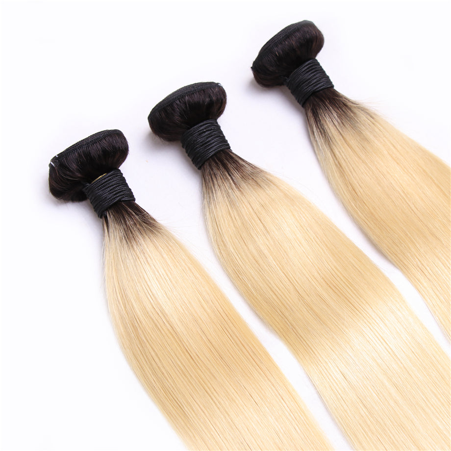 Brazilian Straight Hair 3 Bundles 100% Human Hair Weave Bundles 1B/613 Color Remy Hair Extension Bling Hair - Bling Hair
