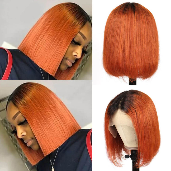 Hot Ginger Orange Color Short T Part Lace Bob Wig With Black Roots