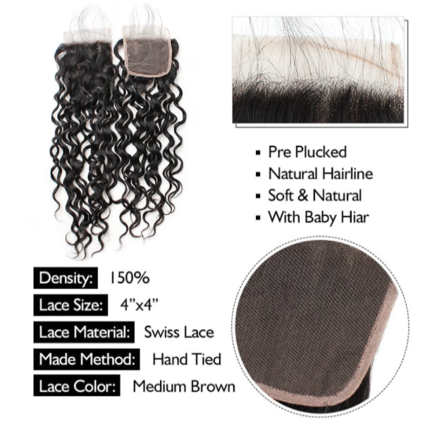 Water Wave Human Hair Closure 4*4  Lace Closure Natural Color Bling hair