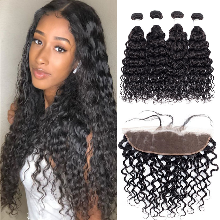 Water Wave 4 Bundles With 13×4 Free Part Lace Frontal 15A Grade Virgin Hair BlingHair
