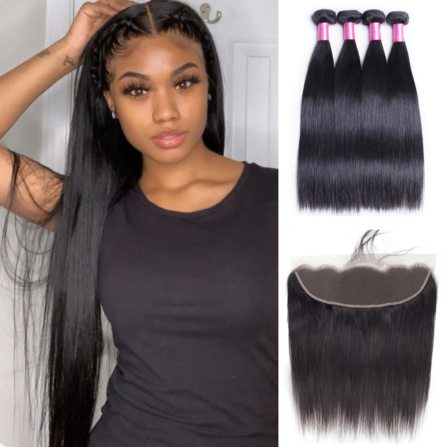 Straight Hair 4 Bundles With 13×4 Free Part Lace Frontal 100% Virgin Hair Bling Hair