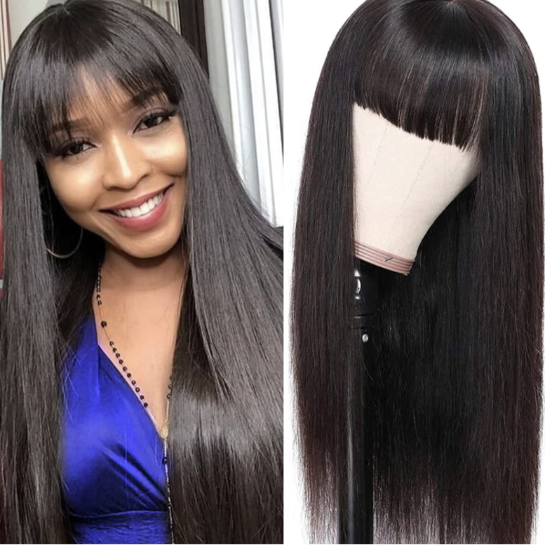 9A Brazilian Straight Human Hair Wigs With Neat Bangs Glueless Super Affordable Machine Made Virgin Hair Wig Bling Hair
