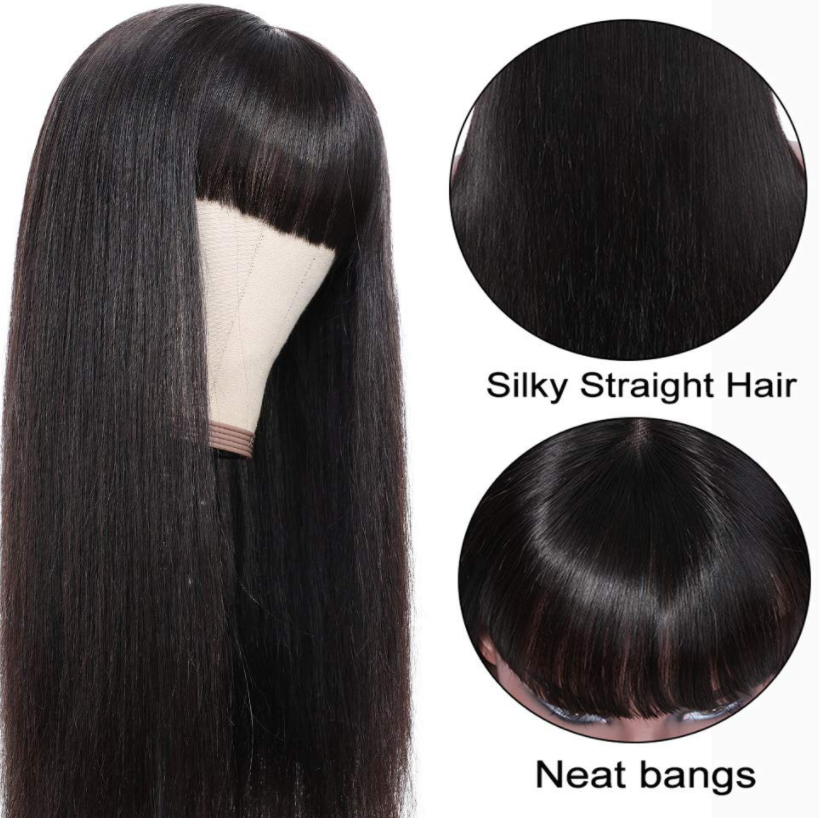 9A Brazilian Straight Human Hair Wigs With Neat Bangs Glueless Super Affordable Machine Made Virgin Hair Wig Bling Hair