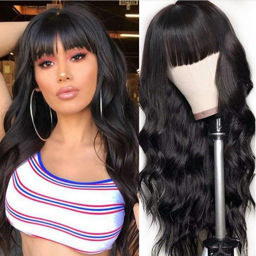 Brazilian Body Wave Human Hair Wigs With Neat Bangs Glueless Super Affordable Machine Made Virgin Hair Wig Bling Hair