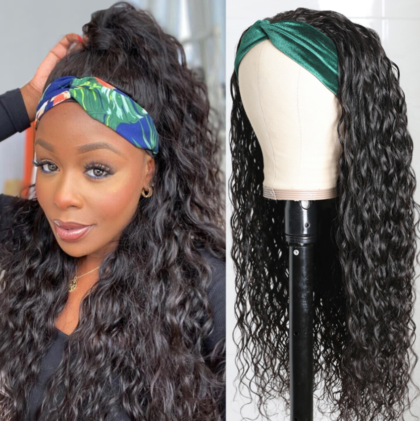 Brazilian Water Wave Glueless Headband Wig 180%&220% Density Natural Color Human Hair Wigs Bling Hair