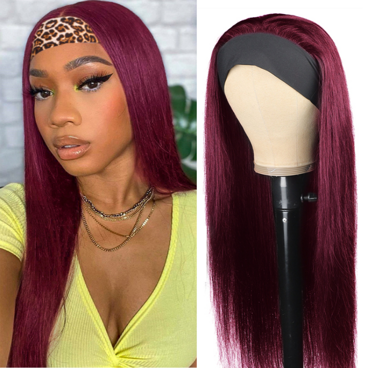 Brazilian Straight Wigs 99J Glueless Headband Wigs Human Hair Wigs 180% 220% Density Bling Hair