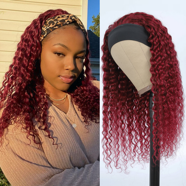 Brazilian Kinky Curly Wig 99J Color Glueless Headband Wig 180%&220% Density Human Hair Wigs Bling Hair