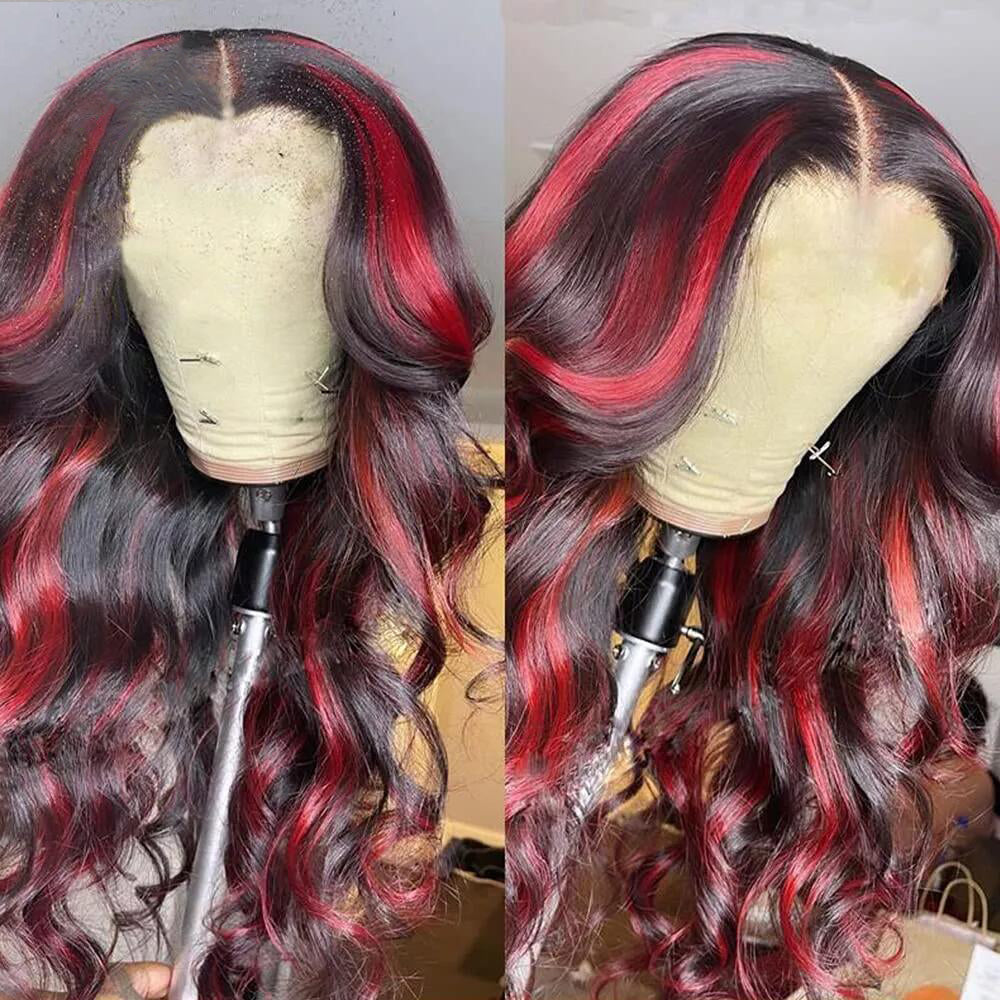 Highlight Rose Red With Dark Burgundy Loose Wave 13x4 Front Wig Colored Human Hair Wigs
