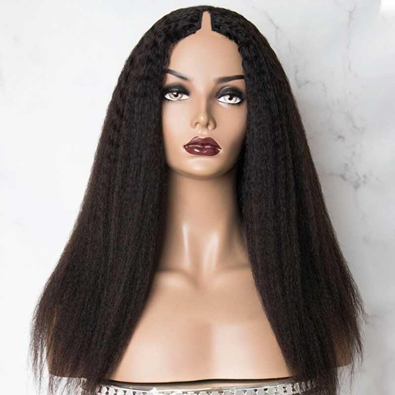 Thin V Part Wigs Glueless Kinky Straight Human Hair V Part Wig No Leave Out