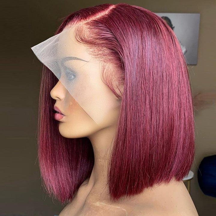 99J Bone Straight Short Bob Double Drawn Human Hair Transparent Lace Wigs for Women