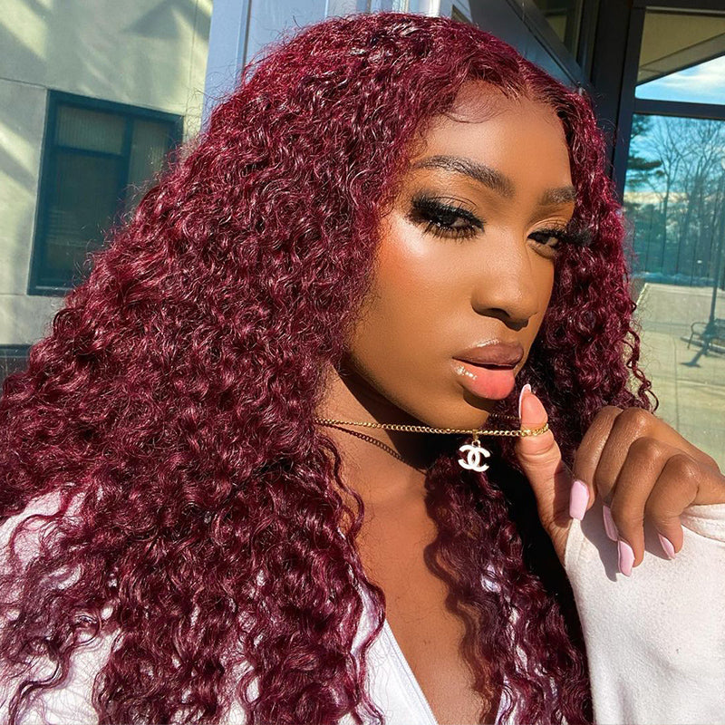 Burgundy 99J Curly Lace Wig Burgundy Color Human Hair Curly Wig With Natural Hairline