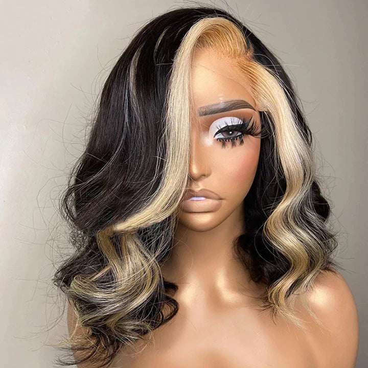 Skunk Stripe Highlight Blonde Color Double Drawn Hair 13*4 Transparent Lace Frontal Wig