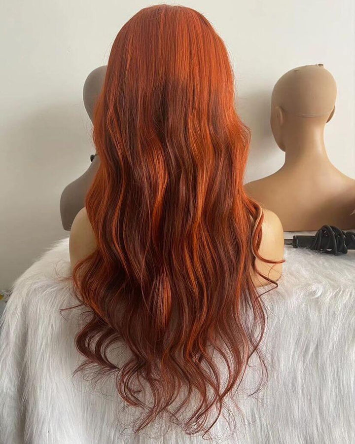 Orange With Brown Highlight Virgin Wigs Body Wave Transparent Lace Wigs 100% Human Hair wig